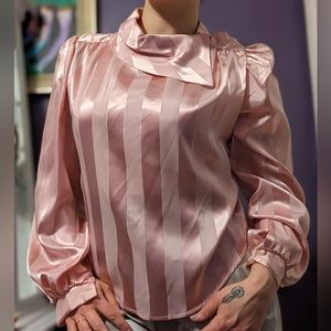 Vintage 1970s 70s sateen satin pink La Bené blouse with asymmetrical collar